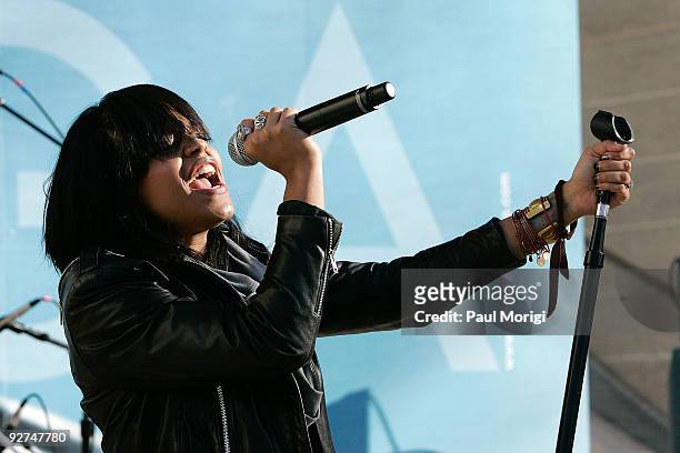 Canadian pop rock star Fefe Dobson performs at the unveiling of the OMEGA official countdown clock to celebrate the 100-Day countdown to the 2010...
