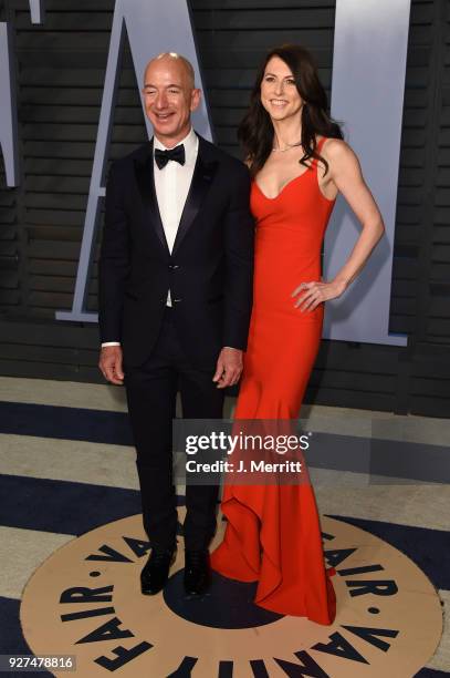 Jeff Bezos and MacKenzie Bezos attend the 2018 Vanity Fair Oscar Party hosted by Radhika Jones at the Wallis Annenberg Center for the Performing Arts...