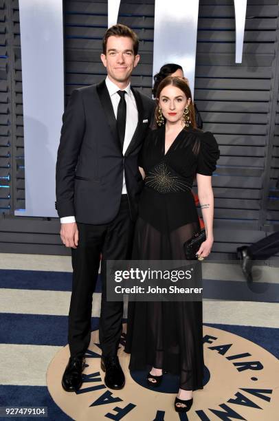 Comedian John Mulaney and make-up artist Annamarie Tendler attend the 2018 Vanity Fair Oscar Party hosted by Radhika Jones at Wallis Annenberg Center...