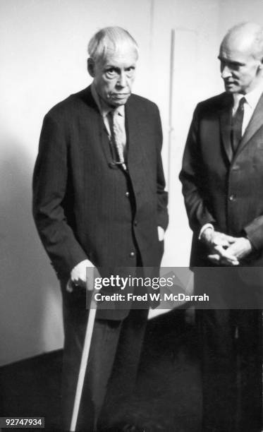 American author and photographer Carl Van Vechten stands with British dancer and choreographer Antony Tudor at the New School, New York, New York,...