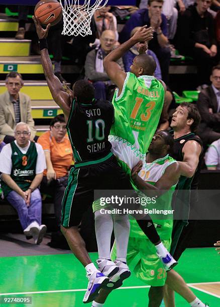 Romain Sato, #10 of Montepaschi Siena in action during the Euroleague Basketball Regular Season 2009-2010 Game Day 3 between Asvel B. Lyon...