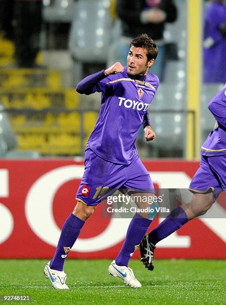 Adrian Mutu of ACF Fiorentina celebrates scoring his team's first goal during the UEFA Champions League Group E match between ACF Fiorentina and VSC...