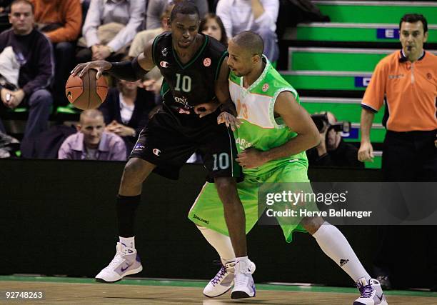 Romain Sato, #10 of Montepaschi Siena in action during the Euroleague Basketball Regular Season 2009-2010 Game Day 3 between Asvel B. Lyon...