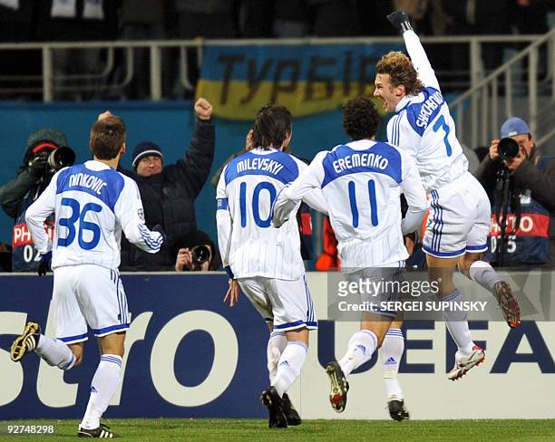 Andriy Shevchenko and players of FC Dynamo Kiev react after scoring against FC Inter Milan during UEFA Champions League, Group F football match in...