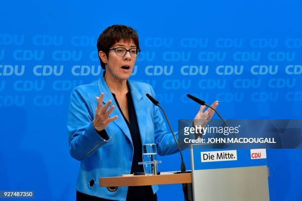 German secretary general of the Christian Democratic Union Annegret Kramp-Karrenbauer speaks during a press conference following a leadership meeting...