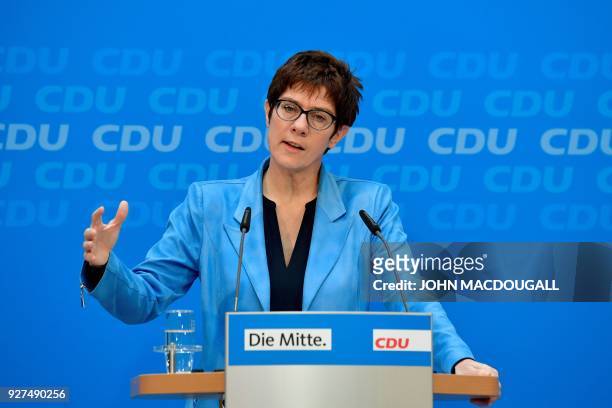 German secretary general of the Christian Democratic Union Annegret Kramp-Karrenbauer speaks during a press conference following a leadership meeting...