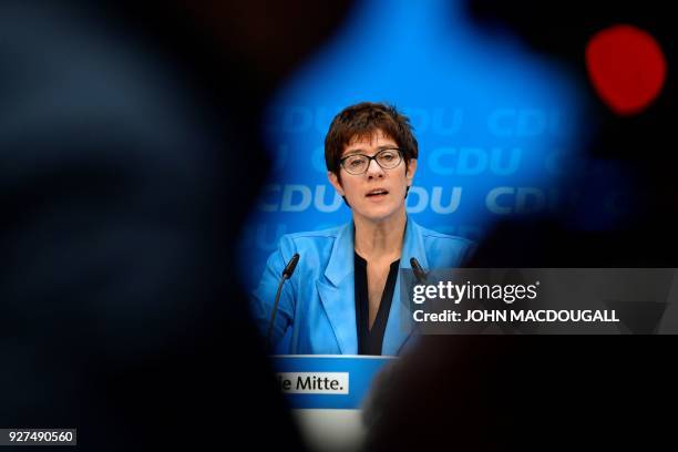 German secretary general of the Christian Democratic Union Annegret Kramp-Karrenbauer speaks during a press conference following a leadership meeting...