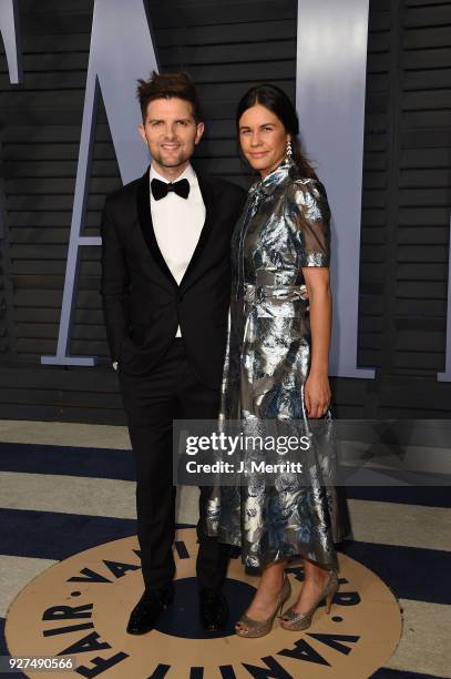 Adam Scott and Naomi Scott attend the 2018 Vanity Fair Oscar Party hosted by Radhika Jones at the Wallis Annenberg Center for the Performing Arts on...