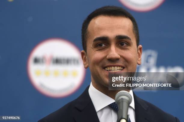 Italy's populist Five Star Movement party leader Luigi Di Maio, addresses journalists a day after Italy's general elections, on March 5, 2018 in...