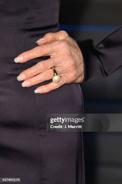 Faye Dunaway, ring detail, attends the 2018 Vanity Fair Oscar Party hosted by Radhika Jones at the Wallis Annenberg Center for the Performing Arts on...