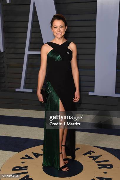 Tatiana Maslany attends the 2018 Vanity Fair Oscar Party hosted by Radhika Jones at the Wallis Annenberg Center for the Performing Arts on March 4,...