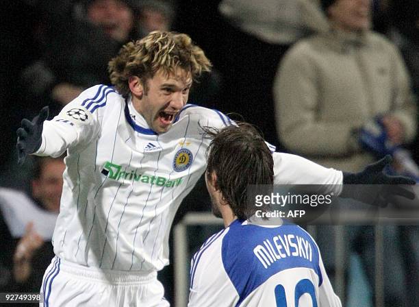 Andriy Shevchenko of FC Dynamo Kiev reacts after scoring against FC Intern Milan during UEFA Champions League, Group F football match in Kiev on...