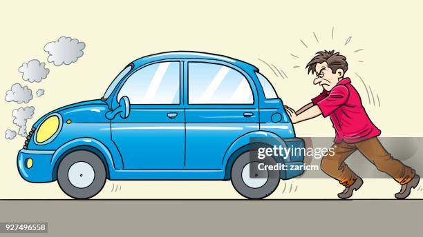 illustrazioni stock, clip art, cartoni animati e icone di tendenza di spingere l'auto per strada - spingere