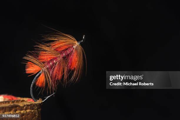 salmon fly on leather fly wallet - cebo fotografías e imágenes de stock