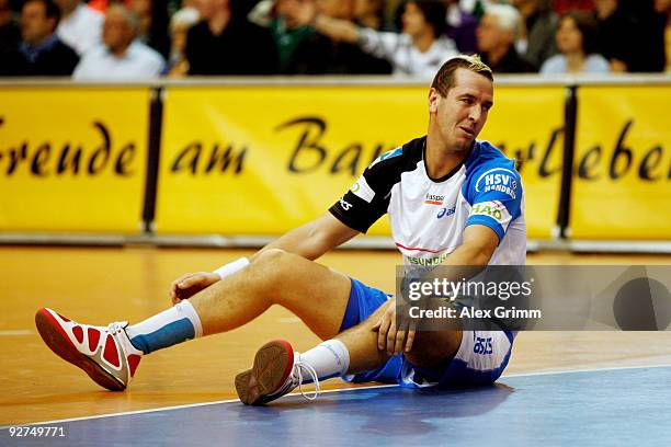 Pascal Hens of Hamburg reacts during the Toyota Handball Bundesliga match between FA Goeppingen and HSV Hamburg at the EWS Arena on November 4, 2009...