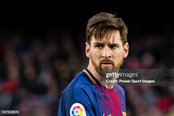 Lionel Andres Messi of FC Barcelona reacts during the La Liga 2017-18 match between FC Barcelona and Getafe FC at Camp Nou on 11 February 2018 in...
