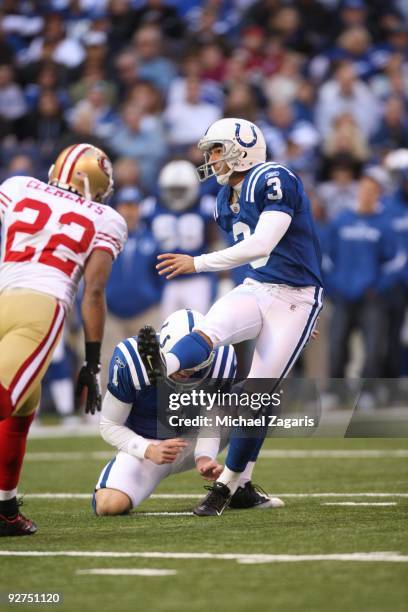 Matt Stover of the Indianapolis Colts kicks a field goal during the NFL game against the San Francisco 49ers at Lucas Oil Stadium on November 1, 2009...