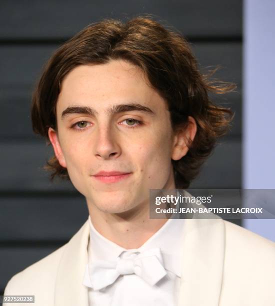 Timothee Chalamet attends the 2018 Vanity Fair Oscar Party following the 90th Academy Awards at The Wallis Annenberg Center for the Performing Arts...