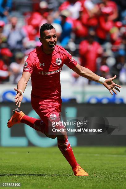 Fernando Uribe of Toluca celebrates after scoring the first goal of his team during the 10th round match between Toluca and Pachuca as part of the...