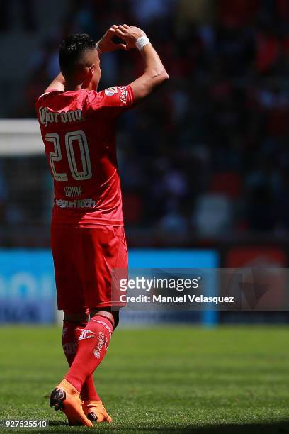 Fernando Uribe of Toluca celebrates after scoring the first goal of his team during the 10th round match between Toluca and Pachuca as part of the...