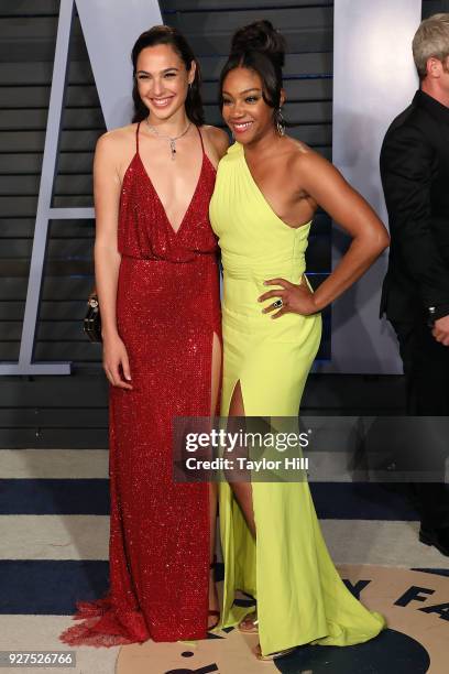 Gal Gadot and Tiffany Haddish attend the 2018 Vanity Fair Oscar Party hosted by Radhika Jones at Wallis Annenberg Center for the Performing Arts on...