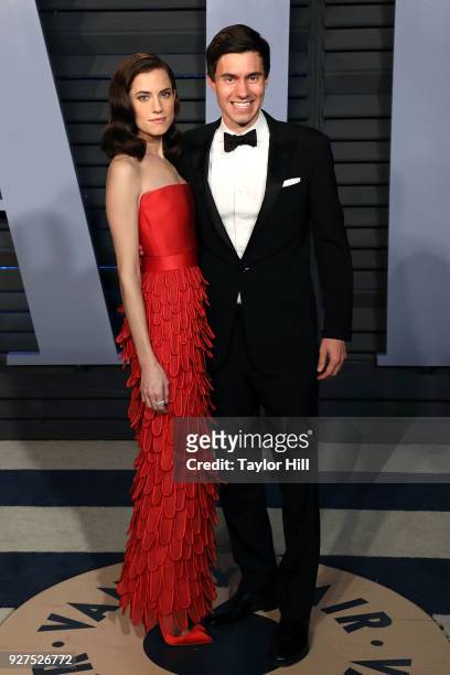 Allison Williams and Ricky Van Veen attend the 2018 Vanity Fair Oscar Party hosted by Radhika Jones at Wallis Annenberg Center for the Performing...