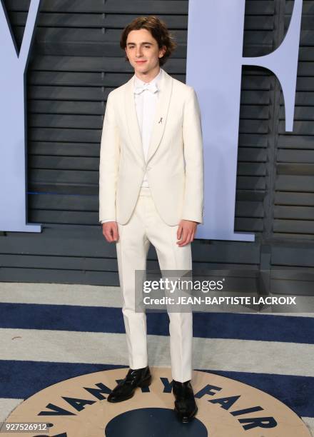 Timothee Chalamet attends the 2018 Vanity Fair Oscar Party following the 90th Academy Awards at The Wallis Annenberg Center for the Performing Arts...