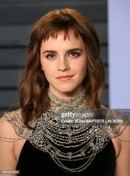 Emma Watson attends the 2018 Vanity Fair Oscar Party following the 90th Academy Awards at The Wallis Annenberg Center for the Performing Arts in...