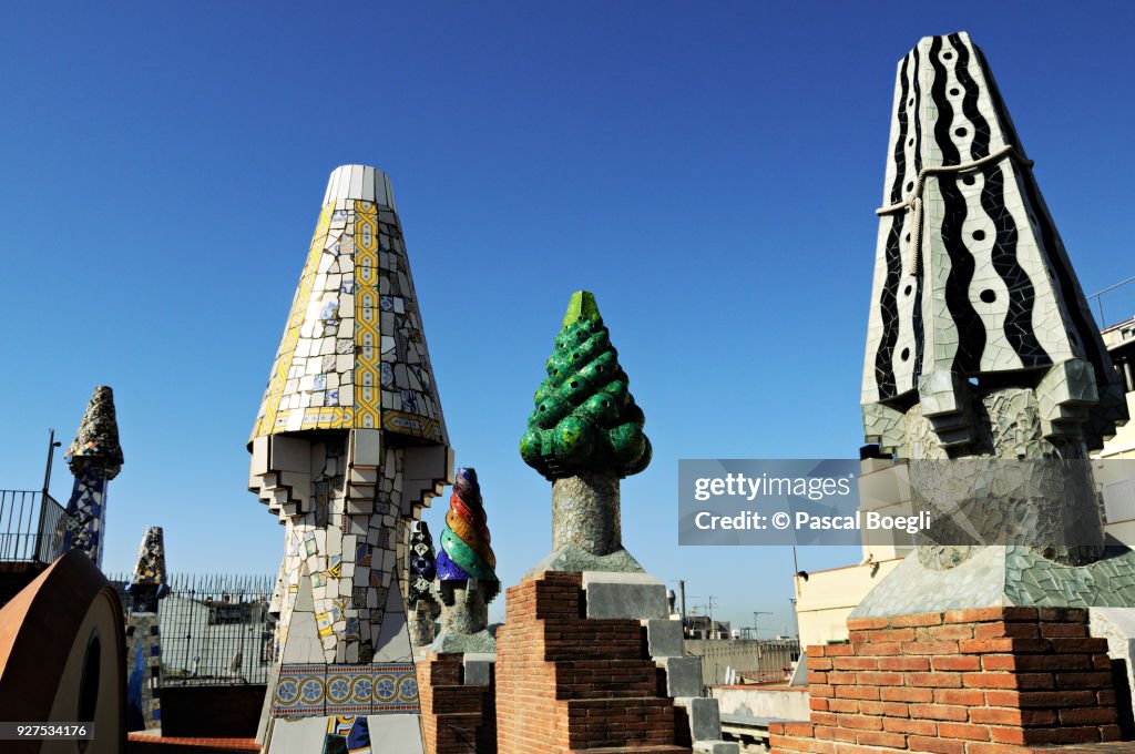 Chimneys on the roof of Palau Guell in Barcelona, Catalonia, Spain