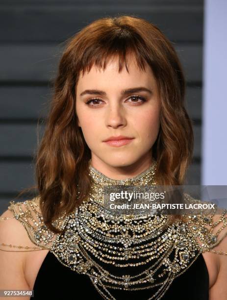 Emma Watson attends the 2018 Vanity Fair Oscar Party following the 90th Academy Awards at The Wallis Annenberg Center for the Performing Arts in...