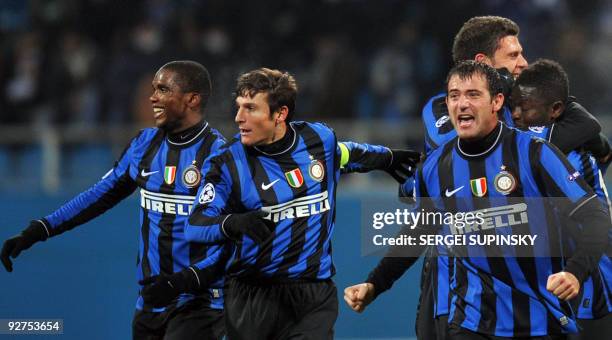 Players of FC Inter Milan react after the end of the match during a UEFA Champions League, Group F football match against FC Dynamo Kiev in Kiev on...