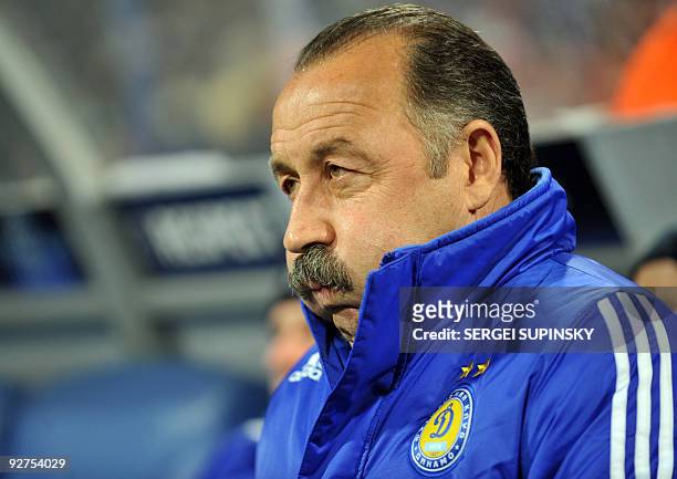 Coach of Dynamo Kiev Valeriy Gazzaev reacts during a UEFA Champions League, Group F football match with FC Inter Milan in Kiev on November 4, 2009....