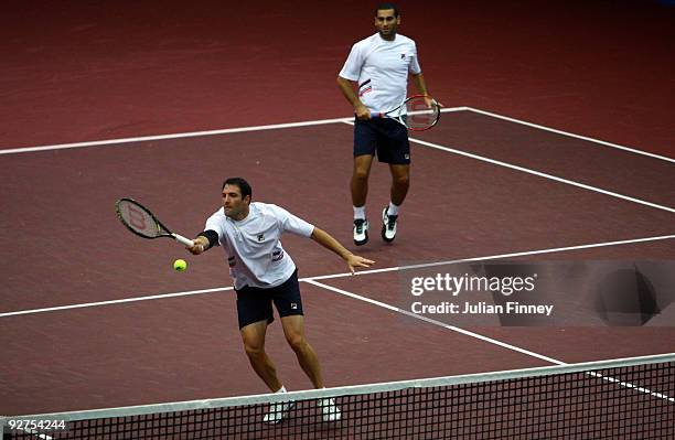 Jonathan Erlich and Andy Ram of Israel in action in their doubles match against Lukas Dlouhy of Czech Republic and Philipp Kohlschreiber of Germany...