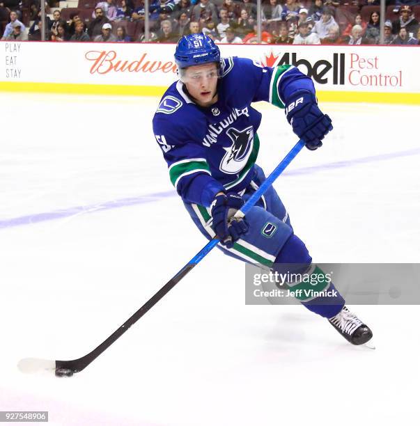 Troy Stecher of the Vancouver Canucks skates up ice during their NHL game against the Florida Panthers at Rogers Arena February 14, 2018 in...