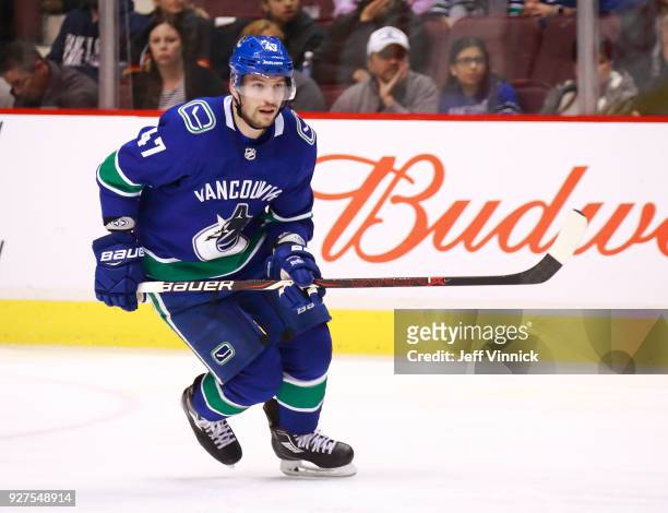 Sven Baertschi of the Vancouver Canucks skates up ice during their NHL game against the Florida Panthers at Rogers Arena February 14, 2018 in...