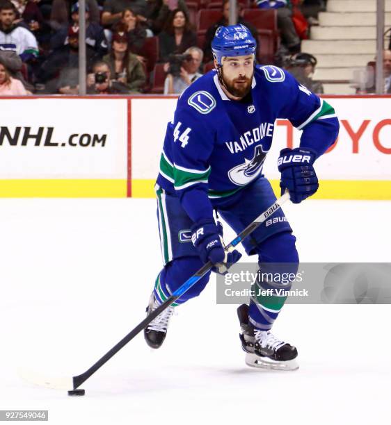 Erik Gudbranson of the Vancouver Canucks skates up ice during their NHL game against the Florida Panthers at Rogers Arena February 14, 2018 in...