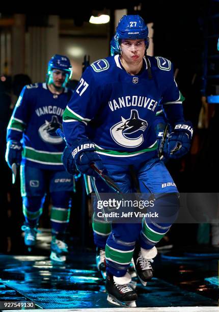 Ben Hutton of the Vancouver Canucks steps onto the ice during their NHL game against the Florida Panthers at Rogers Arena February 14, 2018 in...