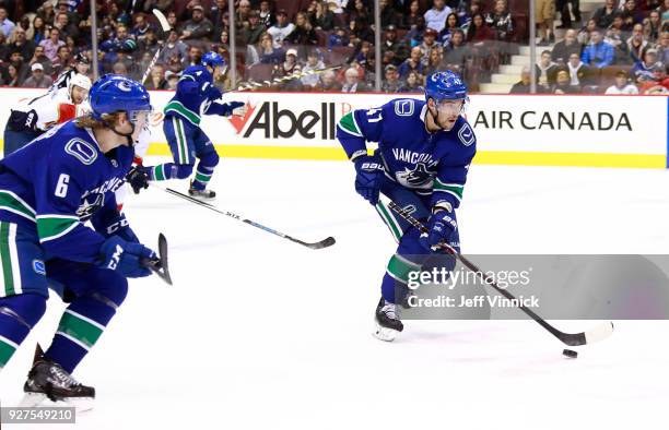 Sven Baertschi of the Vancouver Canucks skates up ice during their NHL game against the Florida Panthers at Rogers Arena February 14, 2018 in...