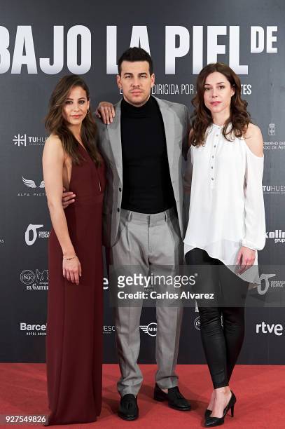 Actors Irene Escolar, Mario Casas and Ruth Diaz attend 'Bajo La Piel Del Lobo' photocall at the Torre Barcelo Hotel on March 5, 2018 in Madrid, Spain.