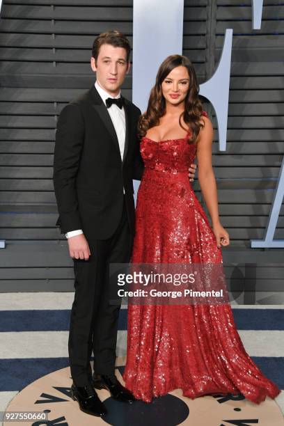 Miles Teller and Keleigh Sperry attends the 2018 Vanity Fair Oscar Party hosted by Radhika Jones at Wallis Annenberg Center for the Performing Arts...