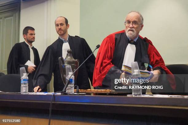 Regis Cayrol president of the Assize court of Perpignan, southern France on March 5, 2018 arrives on the first day of the trial of Jacques Rancon , a...