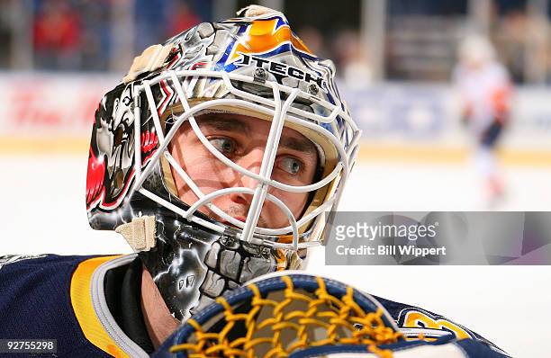 Jhonas Enroth of the Buffalo Sabres warms up before their game with the New York Islanders on November 4, 2009 at HSBC Arena in Buffalo, New York.
