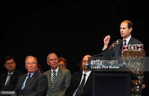 The Earl of Wessex, Prince Edward speaks to people involved with The Duke of Edinburgh's Hillary Award at the Villa Maria Estate Vineyard on November...