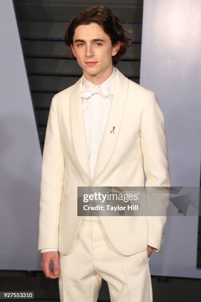 Timothee Chalamet attends the 2018 Vanity Fair Oscar Party hosted by Radhika Jones at Wallis Annenberg Center for the Performing Arts on March 4,...