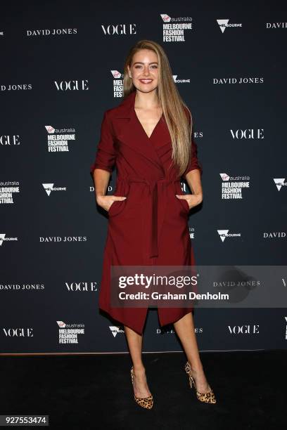 April Rose Pengilly poses during the VAMFF Runway Gala Presented by David Jones on March 5, 2018 in Melbourne, Australia.