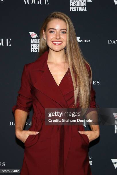 April Rose Pengilly poses during the VAMFF Runway Gala Presented by David Jones on March 5, 2018 in Melbourne, Australia.