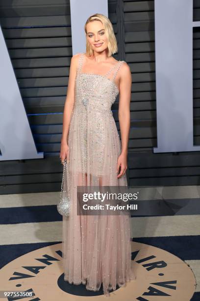 Margot Robbie attends the 2018 Vanity Fair Oscar Party hosted by Radhika Jones at the Wallis Annenberg Center for the Performing Arts on March 4,...