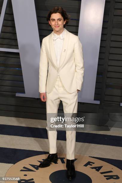 Timothee Chalamet attends the 2018 Vanity Fair Oscar Party hosted by Radhika Jones at Wallis Annenberg Center for the Performing Arts on March 4,...