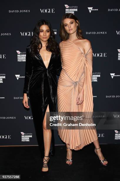 Jessica Gomes and Montana Cox pose during the VAMFF Runway Gala Presented by David Jones on March 5, 2018 in Melbourne, Australia.