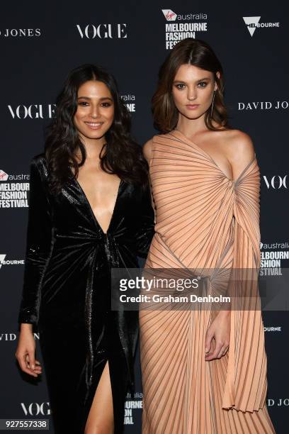 Jessica Gomes and Montana Cox pose during the VAMFF Runway Gala Presented by David Jones on March 5, 2018 in Melbourne, Australia.